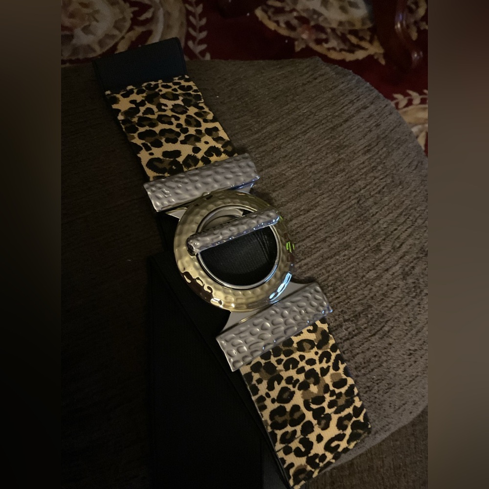 Leopard Print Belt with Silver Accents black stretch size medium 38” long
